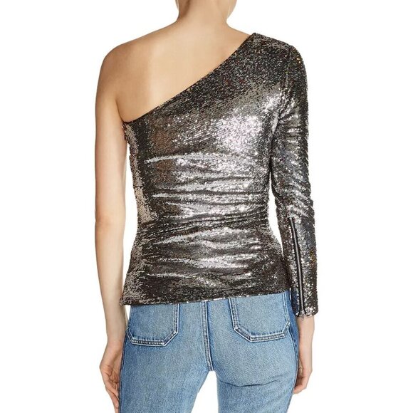 MAJE Loinita Argent Metallic Sequined One Shoulder Top - Picture 3 of 13